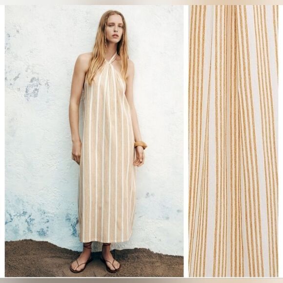 NWT Zara Striped Halterneck Dress Small S Yellow 1165/117 - Picture 1 of 7